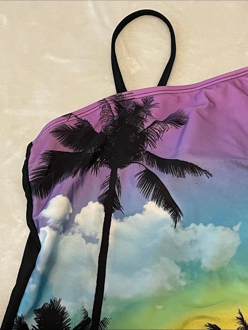 Justice Girls One-Piece Swimsuit - Rainbow Gradient with Black Palm Silhouettes
